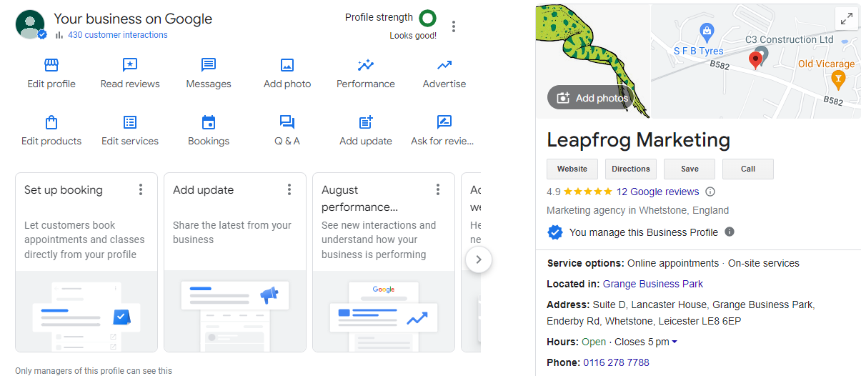Google Business Profile for a local company Leapfrog Marketing an SEO agency based in Leicester